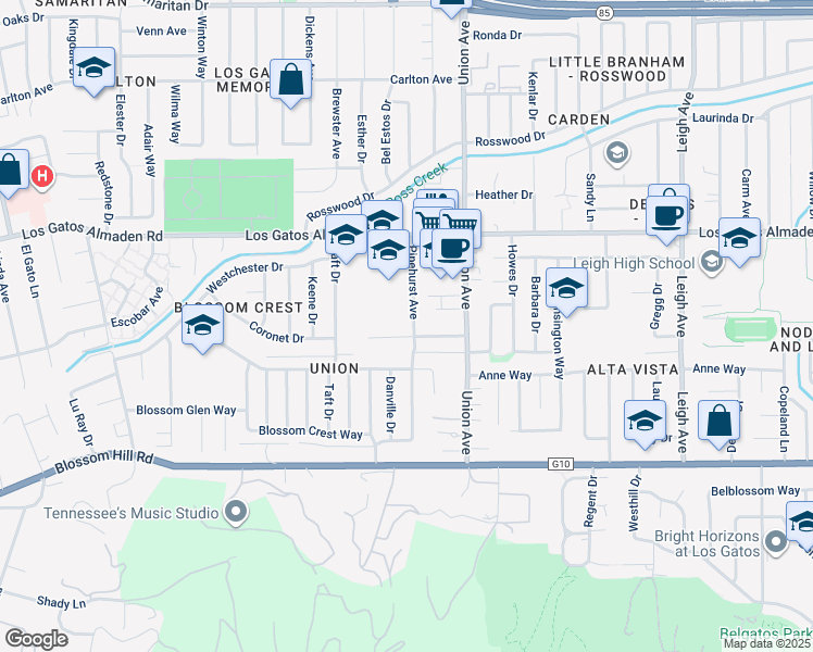 map of restaurants, bars, coffee shops, grocery stores, and more near 397 Pinehurst Avenue in Los Gatos