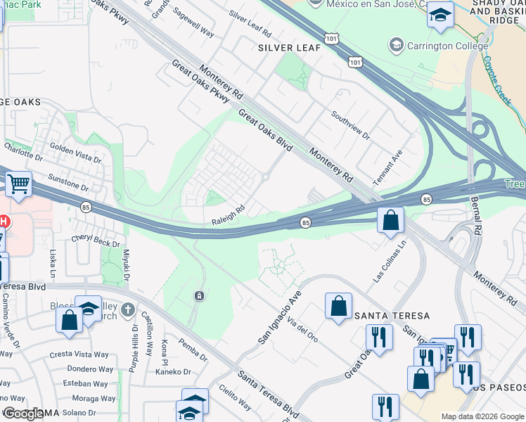 map of restaurants, bars, coffee shops, grocery stores, and more near 7 Great Oaks Boulevard in San Jose