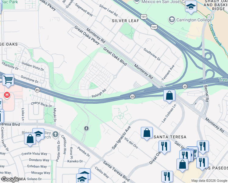 map of restaurants, bars, coffee shops, grocery stores, and more near 6702 Optimum Loop in San Jose
