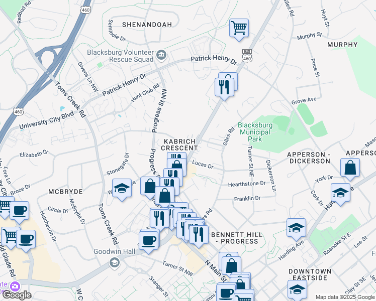 map of restaurants, bars, coffee shops, grocery stores, and more near in Blacksburg