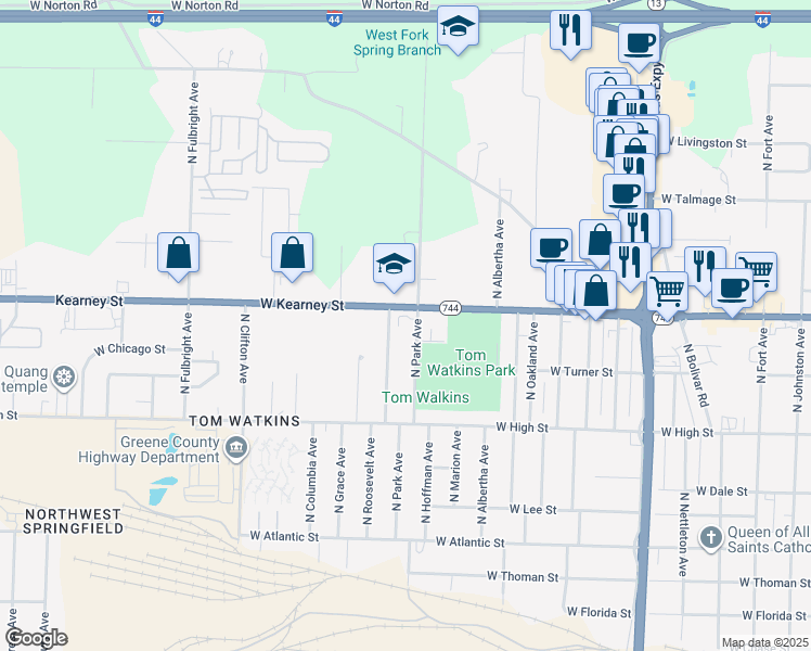 map of restaurants, bars, coffee shops, grocery stores, and more near 2212 West Kearney Street in Springfield