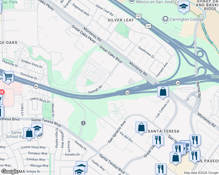 map of restaurants, bars, coffee shops, grocery stores, and more near 7 Great Oaks Boulevard in San Jose