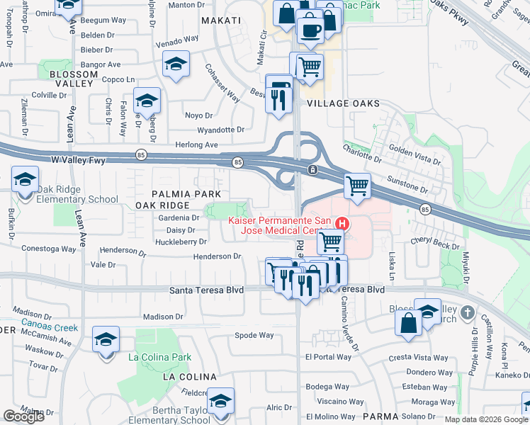 map of restaurants, bars, coffee shops, grocery stores, and more near 445 Ribbonwood Avenue in San Jose