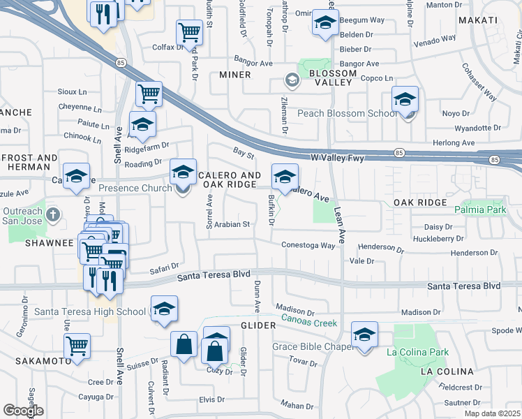 map of restaurants, bars, coffee shops, grocery stores, and more near 5959 Dunn Avenue in San Jose