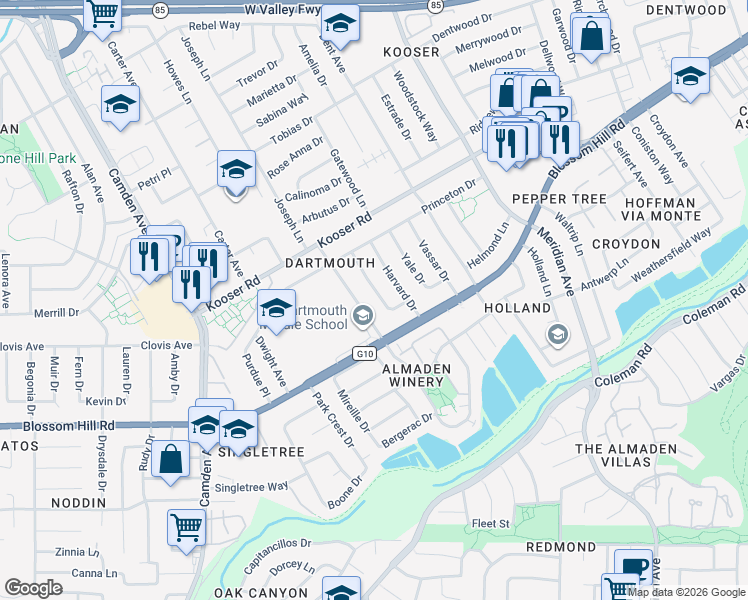 map of restaurants, bars, coffee shops, grocery stores, and more near 5581 Cornell Drive in San Jose