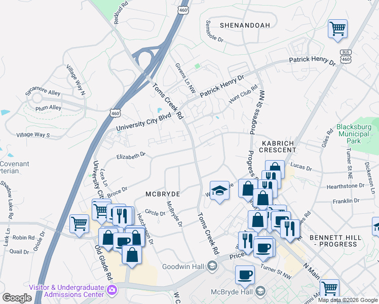 map of restaurants, bars, coffee shops, grocery stores, and more near in Blacksburg