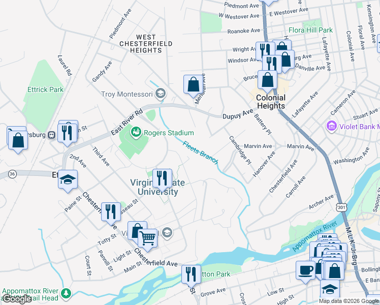 map of restaurants, bars, coffee shops, grocery stores, and more near 2900 Boisseau St in Petersburg