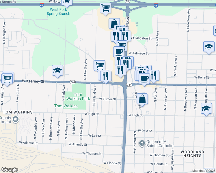 map of restaurants, bars, coffee shops, grocery stores, and more near 2339 North Lexington Avenue in Springfield