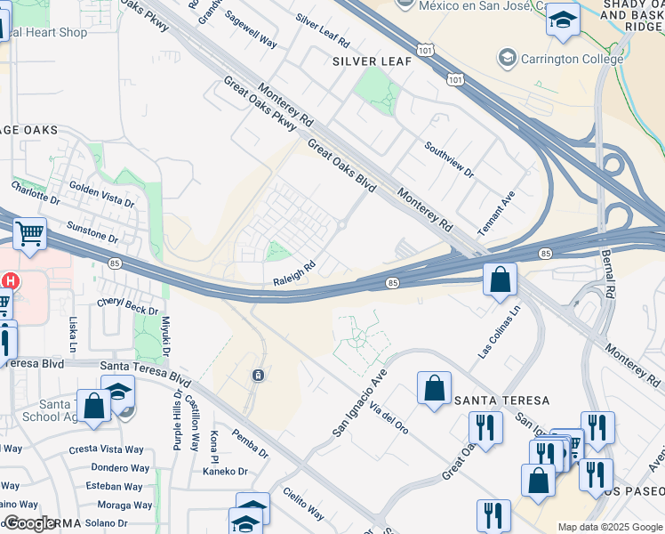 map of restaurants, bars, coffee shops, grocery stores, and more near 6689 Optimum Loop in San Jose