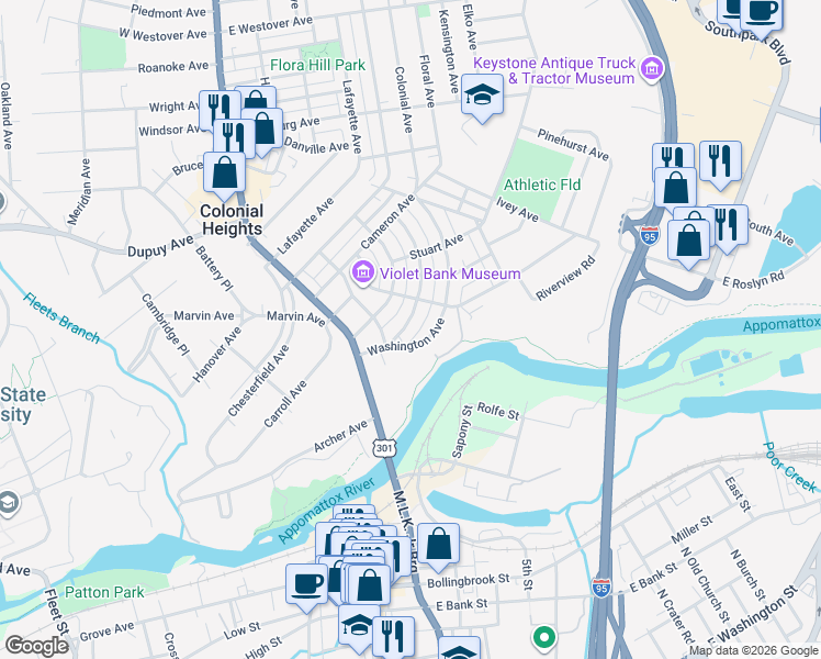 map of restaurants, bars, coffee shops, grocery stores, and more near 230 Washington Avenue in Colonial Heights