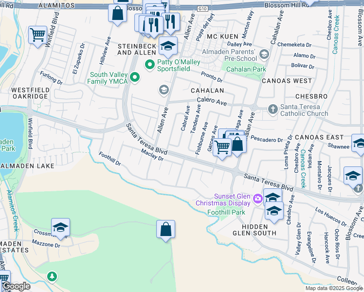 map of restaurants, bars, coffee shops, grocery stores, and more near 5962 Cabral Ave in San Jose