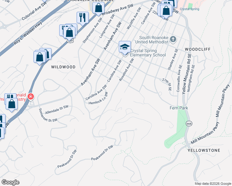 map of restaurants, bars, coffee shops, grocery stores, and more near 2999 Crystal Spring Avenue Southwest in Roanoke