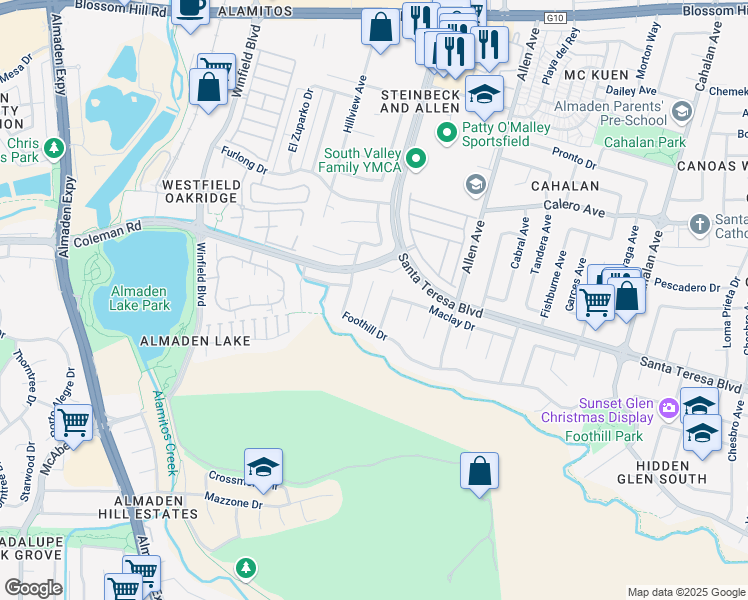 map of restaurants, bars, coffee shops, grocery stores, and more near 5962 Hillrose Drive in San Jose