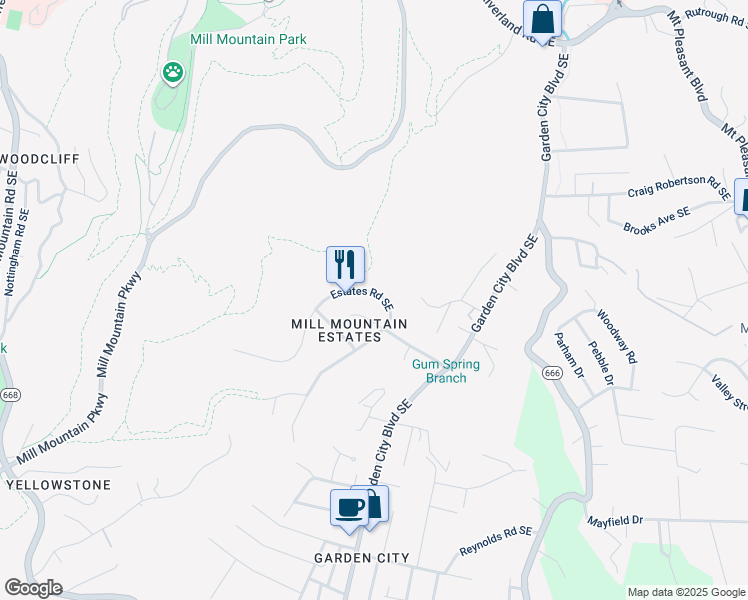 map of restaurants, bars, coffee shops, grocery stores, and more near 1015 Estates Road Southeast in Roanoke