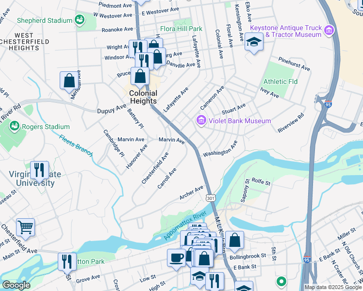 map of restaurants, bars, coffee shops, grocery stores, and more near 98 Carroll Avenue in Colonial Heights