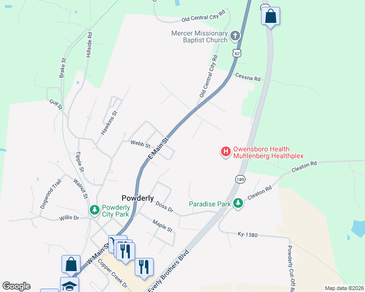 map of restaurants, bars, coffee shops, grocery stores, and more near 117 Circle Drive in Powderly