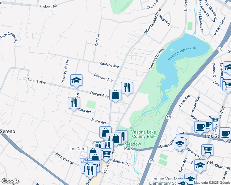 map of restaurants, bars, coffee shops, grocery stores, and more near 17541 Daves Avenue in Monte Sereno