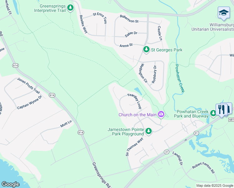 map of restaurants, bars, coffee shops, grocery stores, and more near 2816 Greate Way in Williamsburg
