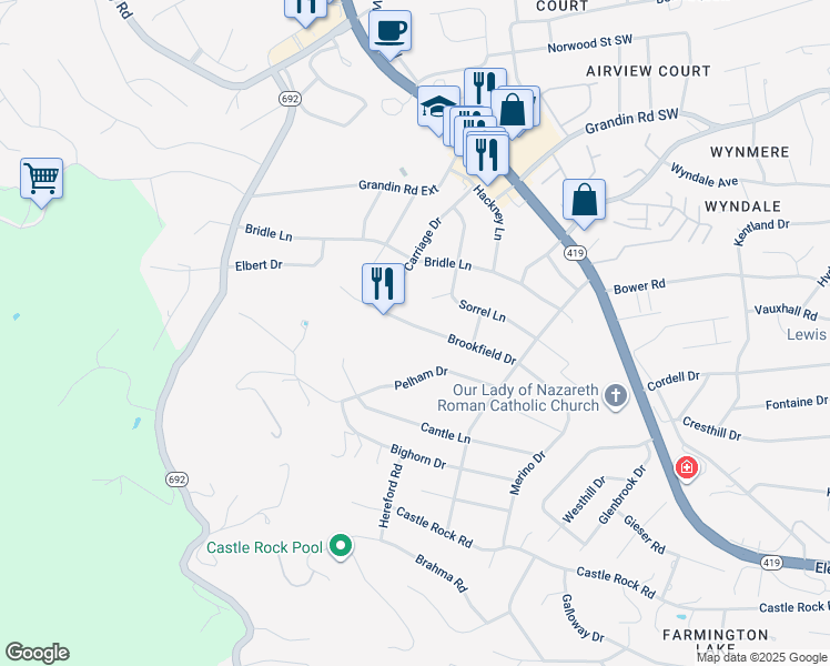 map of restaurants, bars, coffee shops, grocery stores, and more near 2069 Brookfield Drive in Cave Spring