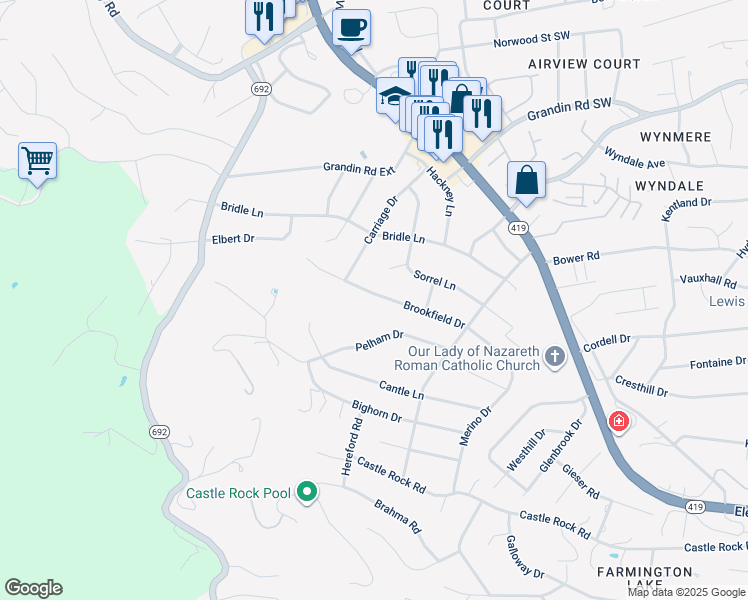 map of restaurants, bars, coffee shops, grocery stores, and more near 2069 Brookfield Drive in Cave Spring