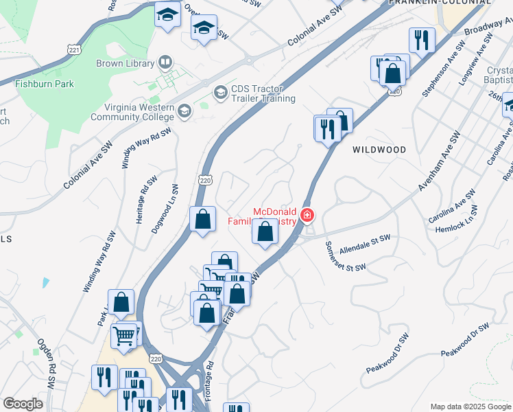map of restaurants, bars, coffee shops, grocery stores, and more near 3349 Southwood Village Court Southwest in Roanoke