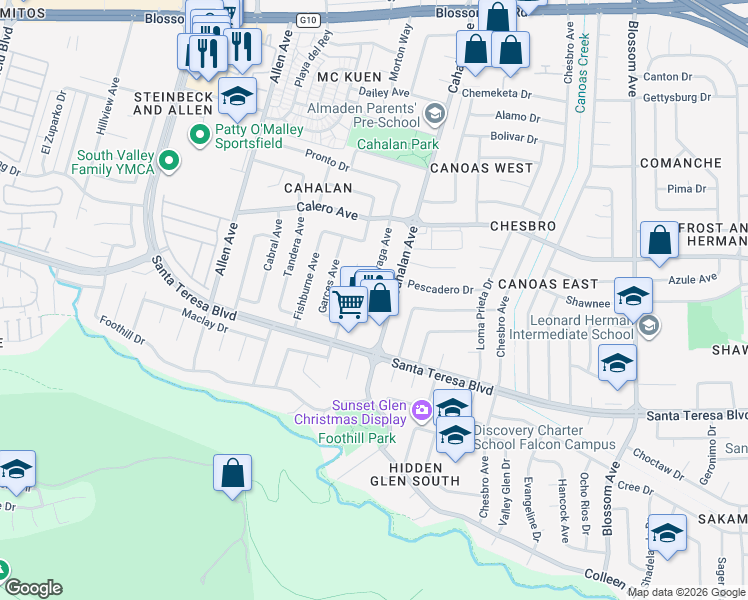 map of restaurants, bars, coffee shops, grocery stores, and more near 5946 Moraga Avenue in San Jose