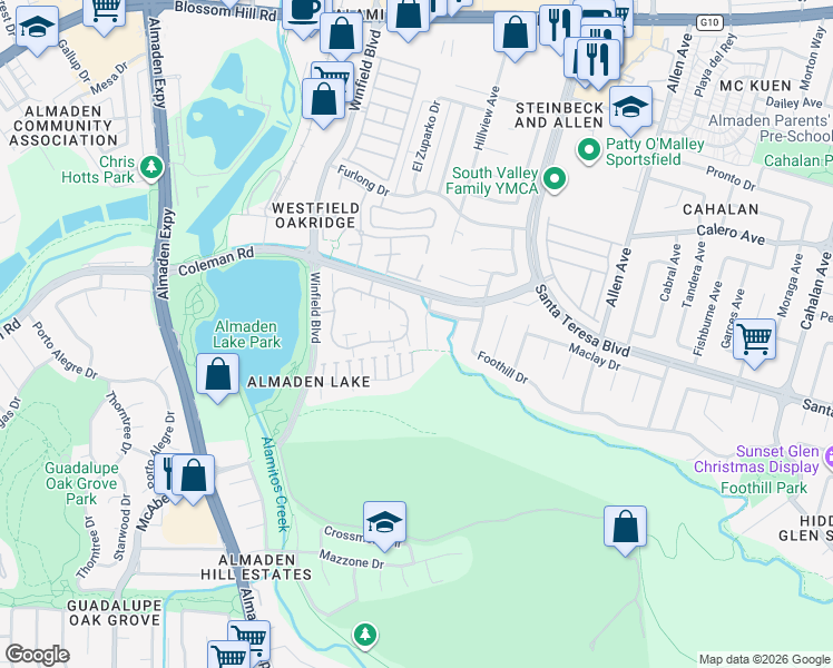 map of restaurants, bars, coffee shops, grocery stores, and more near 5972 Miracle Mountain Drive in San Jose