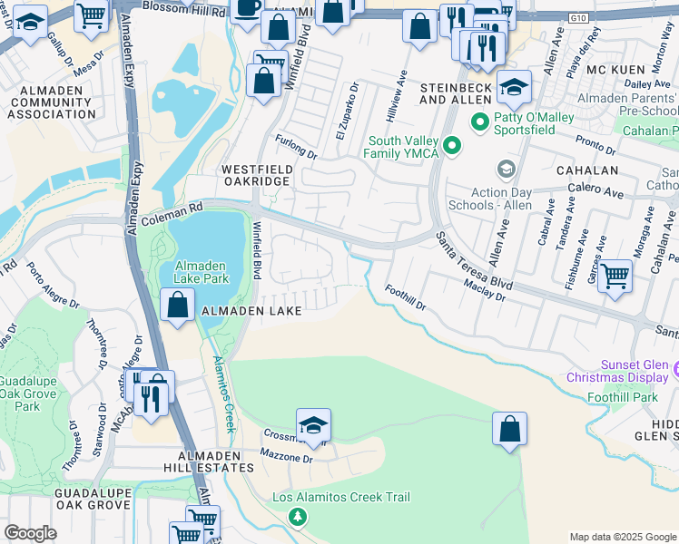 map of restaurants, bars, coffee shops, grocery stores, and more near 2014 La Terrace Circle in San Jose
