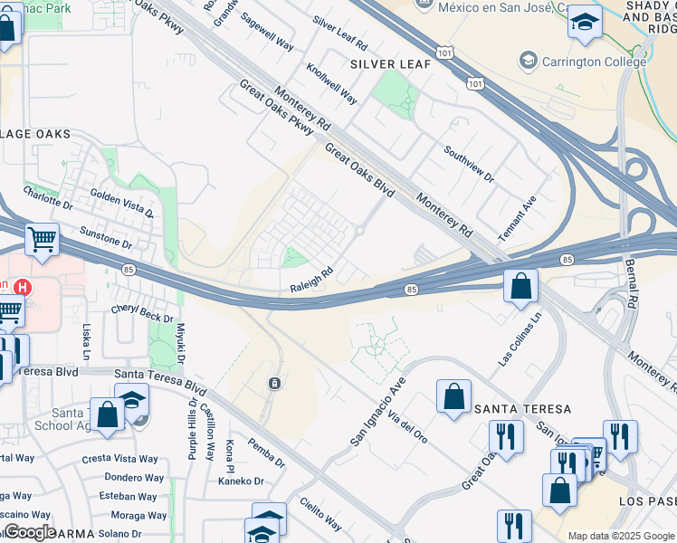 map of restaurants, bars, coffee shops, grocery stores, and more near 6633 Optimum Loop in San Jose