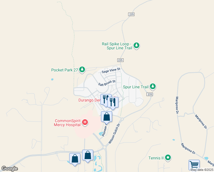 map of restaurants, bars, coffee shops, grocery stores, and more near 324 Oxbow Circle in Durango
