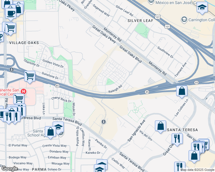 map of restaurants, bars, coffee shops, grocery stores, and more near Raleigh Road in San Jose