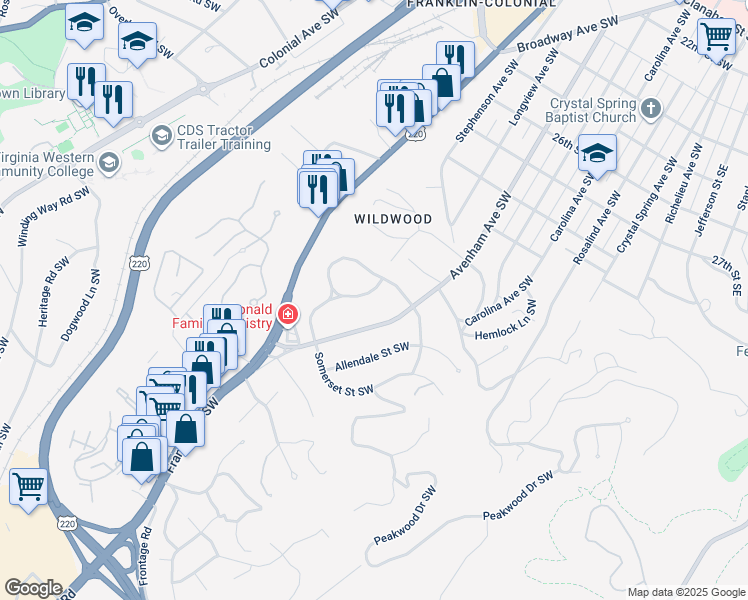 map of restaurants, bars, coffee shops, grocery stores, and more near 3220 Brightwood Place Southwest in Roanoke