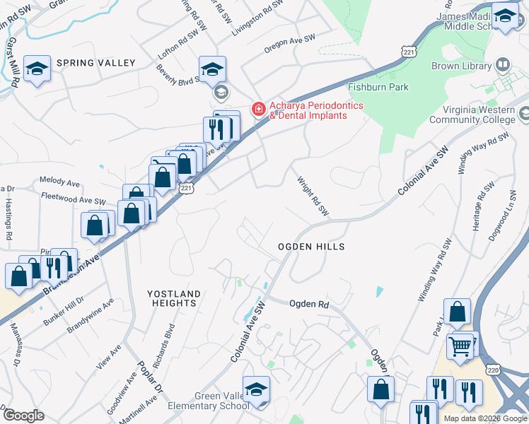 map of restaurants, bars, coffee shops, grocery stores, and more near 3618 Colonial Green Circle in Roanoke