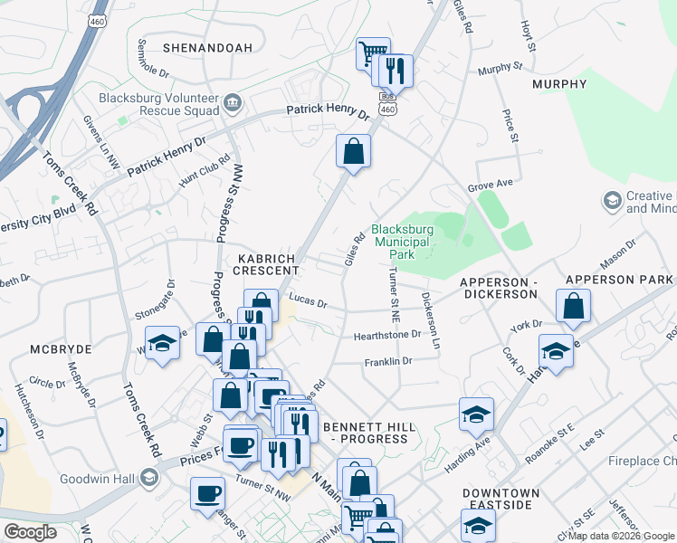 map of restaurants, bars, coffee shops, grocery stores, and more near in Blacksburg