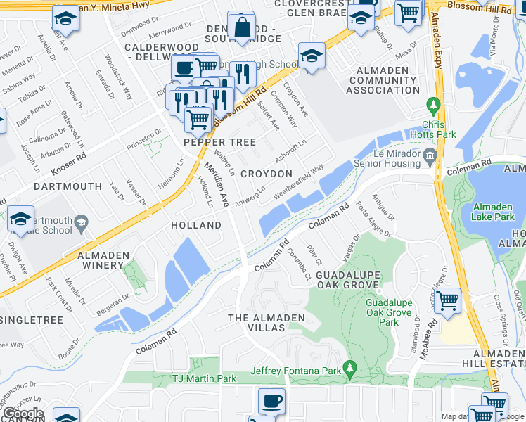 map of restaurants, bars, coffee shops, grocery stores, and more near 1314 Weathersfield Way in San Jose
