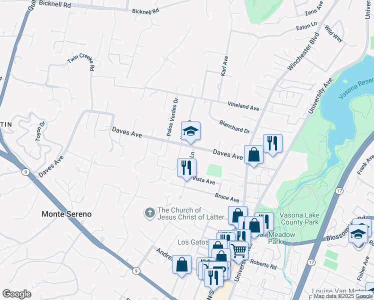 map of restaurants, bars, coffee shops, grocery stores, and more near 17820 Daves Avenue in Monte Sereno