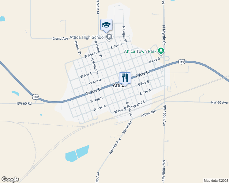 map of restaurants, bars, coffee shops, grocery stores, and more near 200-248 W Ave B in Attica