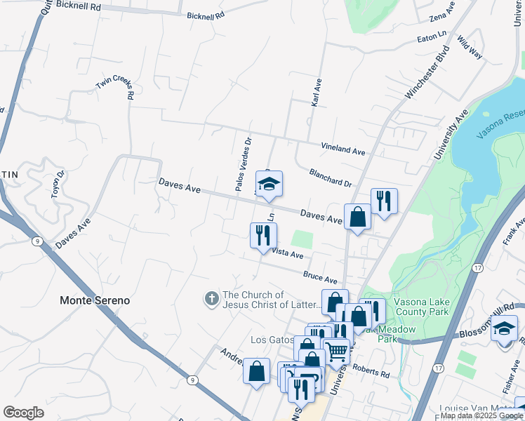 map of restaurants, bars, coffee shops, grocery stores, and more near 17820 Daves Avenue in Monte Sereno