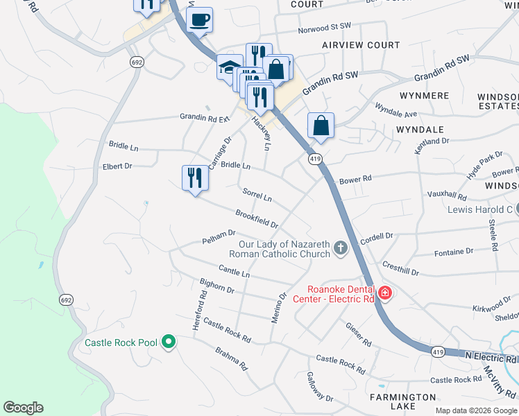 map of restaurants, bars, coffee shops, grocery stores, and more near Shelby Drive in Cave Spring