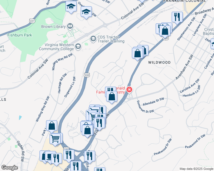 map of restaurants, bars, coffee shops, grocery stores, and more near 3349 Southwood Village Court Southwest in Roanoke