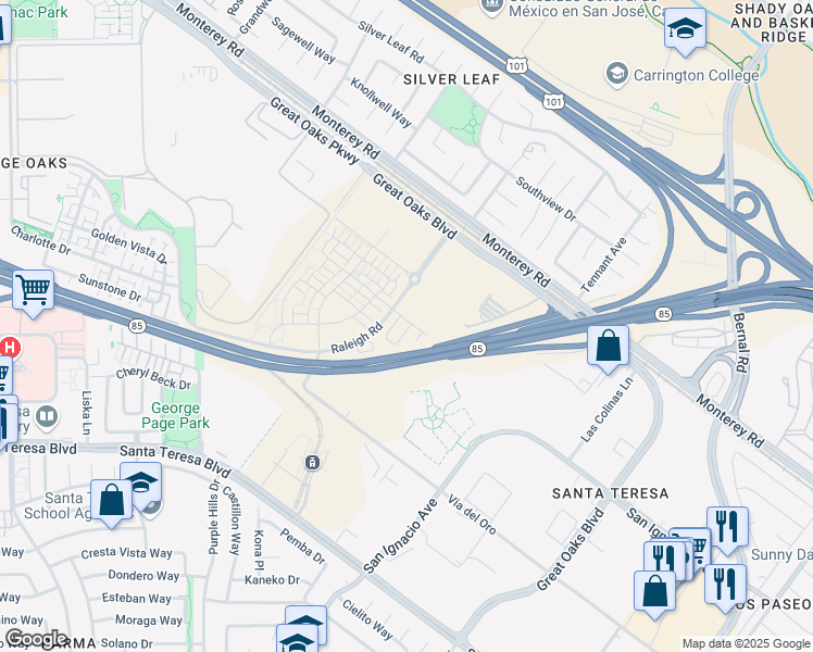 map of restaurants, bars, coffee shops, grocery stores, and more near 6701 Optimum Loop in San Jose