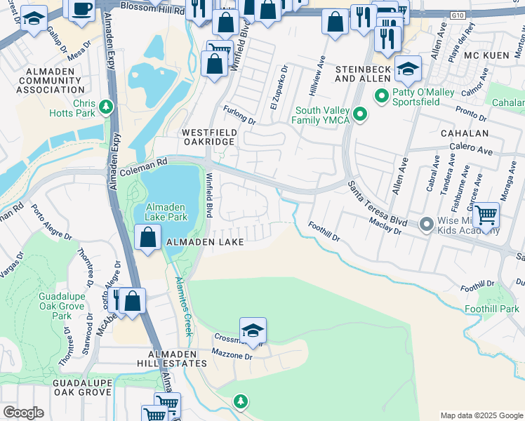map of restaurants, bars, coffee shops, grocery stores, and more near 1907 La Terrace Circle in San Jose