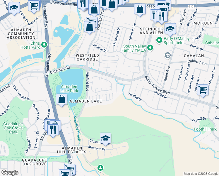 map of restaurants, bars, coffee shops, grocery stores, and more near 1907 La Terrace Circle in San Jose