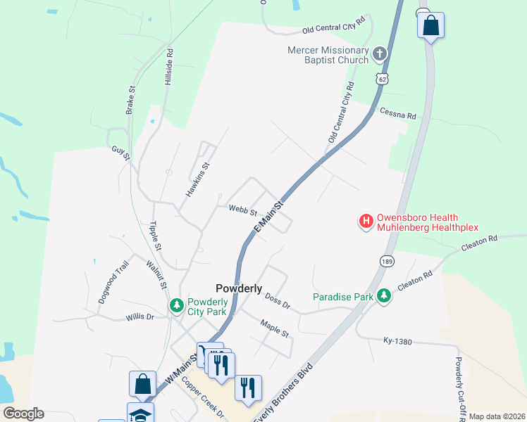 map of restaurants, bars, coffee shops, grocery stores, and more near 301 East Main Street in Powderly