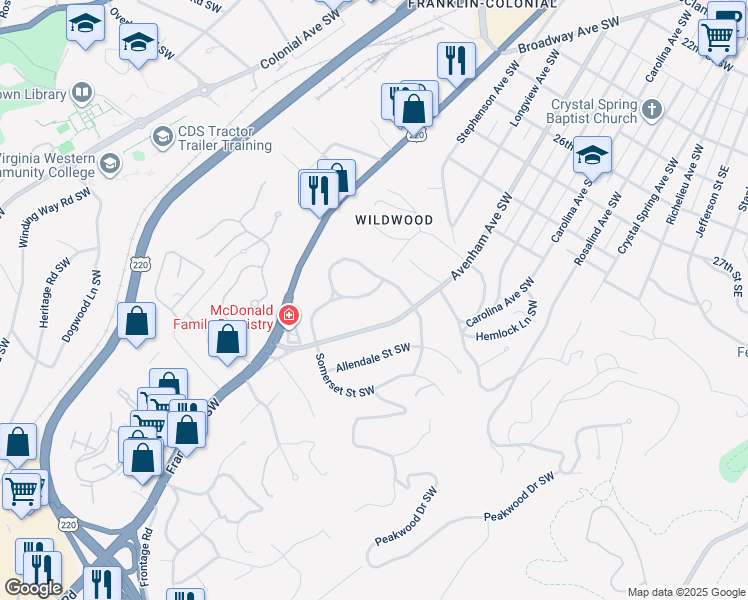 map of restaurants, bars, coffee shops, grocery stores, and more near 3220 Brightwood Place Southwest in Roanoke