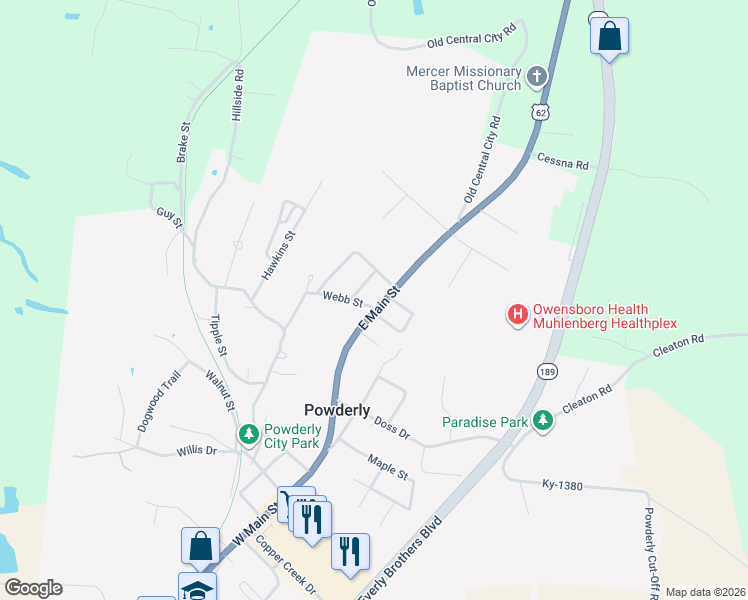 map of restaurants, bars, coffee shops, grocery stores, and more near 301 East Main Street in Powderly