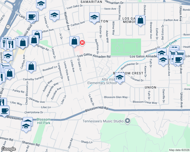map of restaurants, bars, coffee shops, grocery stores, and more near 15681 Camino Del Cerro in Los Gatos