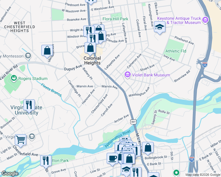 map of restaurants, bars, coffee shops, grocery stores, and more near 172 Chesterfield Avenue in Colonial Heights