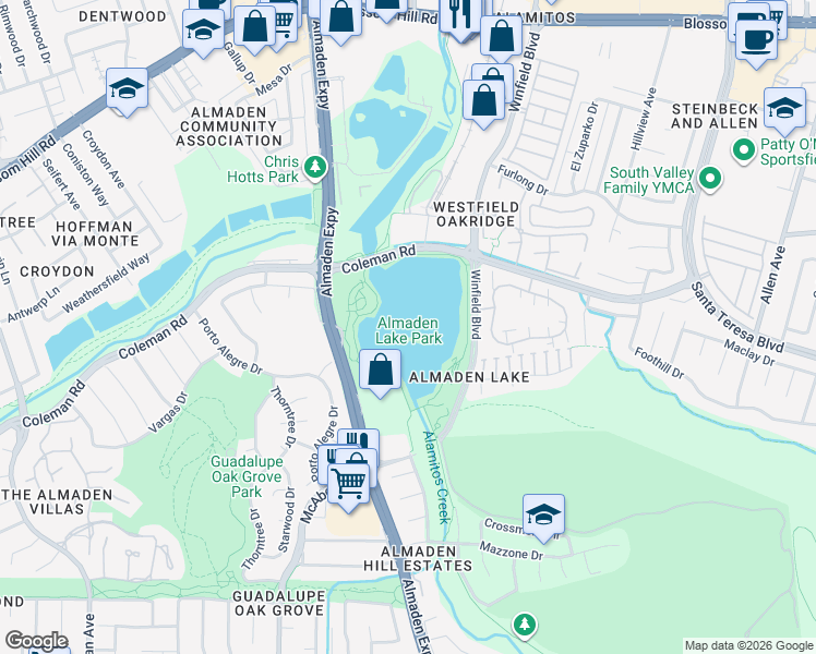 map of restaurants, bars, coffee shops, grocery stores, and more near 6099 Winfield Boulevard in San Jose