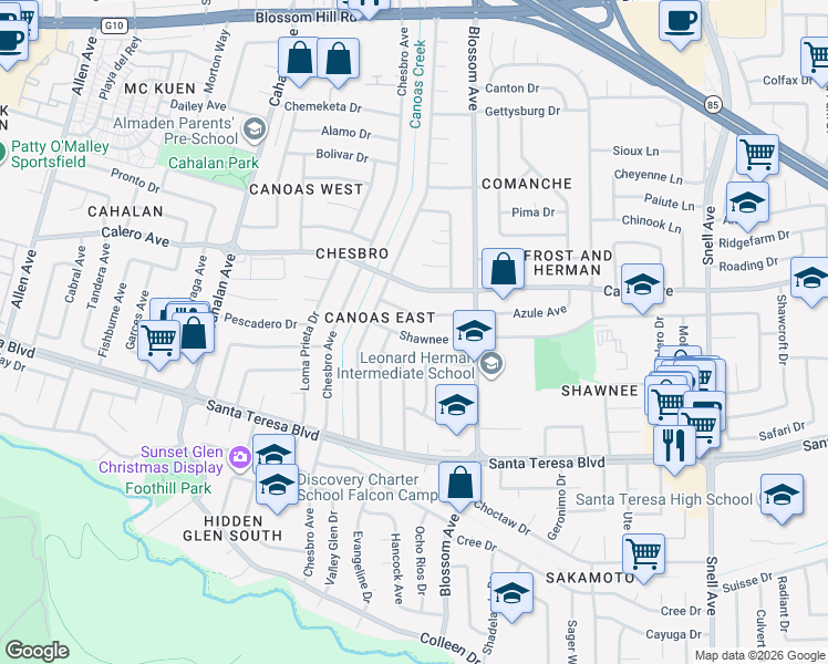 map of restaurants, bars, coffee shops, grocery stores, and more near 742 Shawnee Lane in San Jose